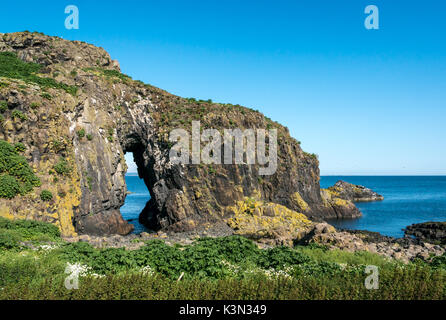 Auf der Suche durch einen natürlichen Meer getragen arch Die 'Lady in den Schleier" genannt, fidra Insel, erhabene Schottland Großbritannien an einem sonnigen Tag mit blauen Himmel Stockfoto