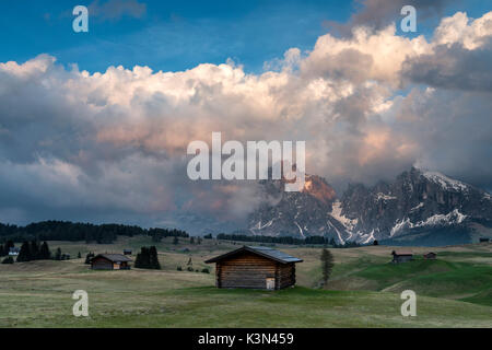 Seiser Alm, Dolomiten, Südtirol, Italien. Blick von der Seiser Alm auf die Gipfel des Langkofel und Plattkofel/Plattkofel Stockfoto