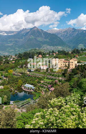 Meran, Südtirol, Italien. Die Wasser- und Terrassengärten, die in den Gärten von Schloss Trauttmansdorff Stockfoto