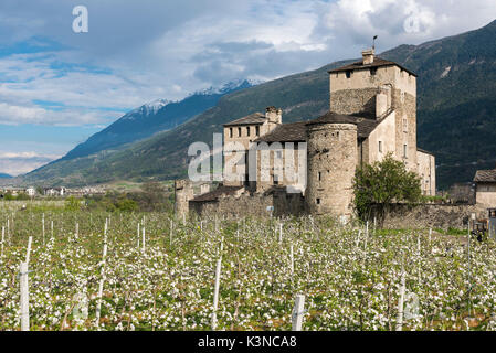 Schloss von Sarriod de la Tour im Frühjahr. Saint-Pierre, Provinz Aosta, Aostatal, Italien Stockfoto