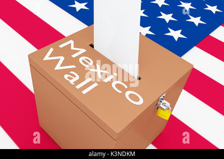 3D-Darstellung der "Mexiko Wand' Skript auf einer Urne, mit US-Flagge als Hintergrund. Stockfoto