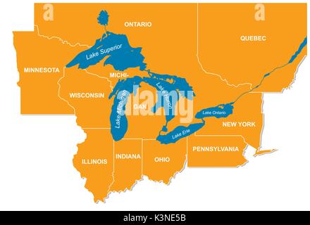 Grafik der nordamerikanischen Großen Seen und ihre Nachbarländer Stock Vektor
