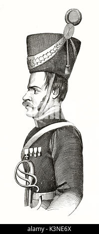 Antike büste Portrait von ein Kosak nicht Offizier in voller Uniform, Seitenansicht auf der Suche nach Links. Von unbekannter Autor auf Magasin Pittoresque Paris 1839 veröffentlicht. Stockfoto