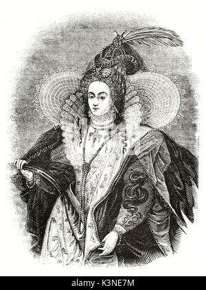 Alte graviert Reproduktion von Elisabeth I. von England portrait. Nach Zuccari auf Magasin Pittoresque Paris 1839 veröffentlicht. Stockfoto