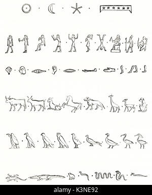 Alte graviert Reproduktion der ägyptischen Hieroglyphen. Jedes einzelne Element wird auf weißem Hintergrund. Von unbekannter Autor auf Magasin Pittoresque Paris 1839 veröffentlicht. Stockfoto