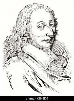 Antike Büste minimal umrissen Portrait von Blaise Pascal (1623-1662) Französischer Mathematiker Physiker und christlichen Philosophen. Von unbekannter Autor auf Magasin Pittoresque Paris 1839 veröffentlicht. Stockfoto