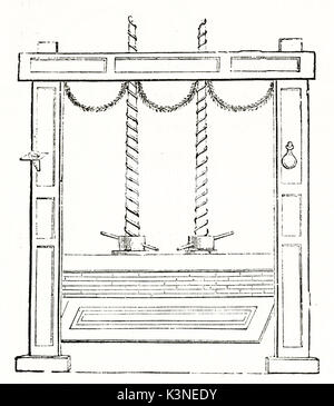 Alte schematische Reproduktion eines drücken Sie die Maschine angezeigt in einer minimalen schwarzer und weißer Umriss Stil. Von unbekannter Autor auf Magasin Pittoresque Paris 1839 veröffentlicht. Stockfoto