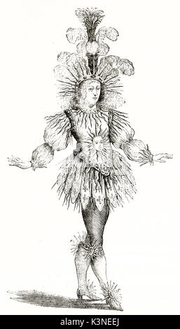 Alte graviert full body Porträt von König Louis XIV (1638-1715) trägt ein Luxus sun Kostüm, isoliert auf Weiss. Nach alten Gravur in Hennin Sammlung auf Magasin Pittoresque Paris 1839 veröffentlicht. Stockfoto