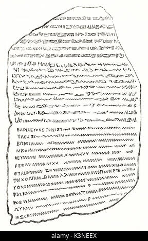 Alten einfachen outline Schwarz und Weiß die Reproduktion der Rosetta Stone. Alte isoliert Abbildung, die durch unbekannte Autor auf Magasin Pittoresque Paris 1839 veröffentlicht. Stockfoto