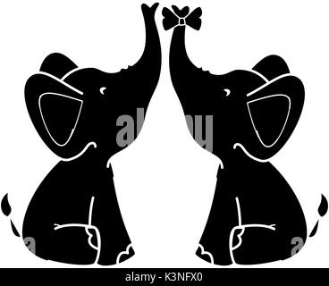 Paar Elefanten mit dekorativer Schleife binden Tier Symbol auf weißem Hintergrund Vector Illustration Stock Vektor