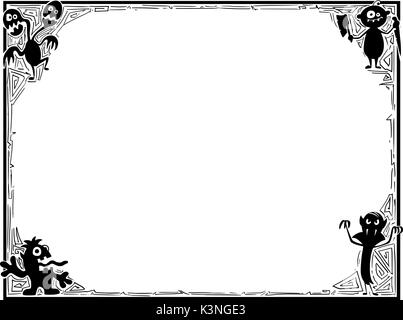 Hand Zeichnung cartoon Halloween Rahmen mit niedlichen Monster Illustrationen Silhouetten. Stock Vektor