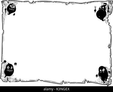 Hand Zeichnung cartoon Halloween Rahmen Rolle Blatt Pergament mit Ghost Silhouetten Illustrationen. Stock Vektor