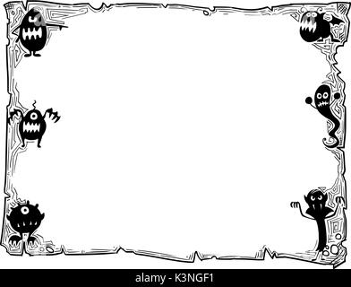 Hand Zeichnung cartoon Halloween Rahmen Rolle Blatt Pergament mit Monster Silhouetten Illustrationen. Stock Vektor