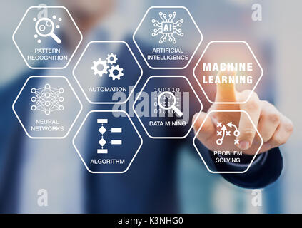 Präsentation über Maschinelles Lernen Technologie mit dem Wissenschaftler berühren Bildschirm mit künstlicher Intelligenz (KI), neuronales Netz, Automatisierung, und Daten Stockfoto