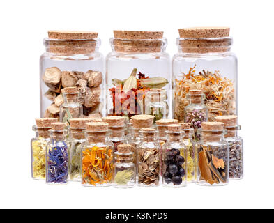 Kräutertee, getrocknete Kräuter, Blumen und Beeren in Glasflaschen fo Stockfoto