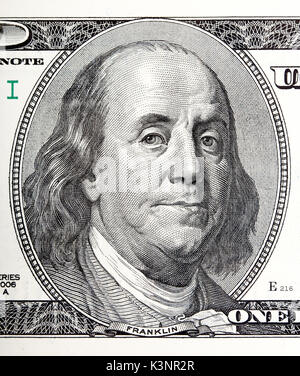 Portrait von Benjamin Franklin Makro von 100 Dollar Bill Stockfoto