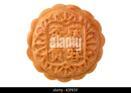 Handmad Mooncake isoliert auf weißem Hintergrund in voller Tiefenschärfe mit Freistellungspfaden. Stockfoto