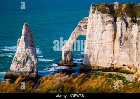 Etretat, Normandie, Frankreich. Die Klippen auf den Atlantischen Ozean bei einem sonnigen Tag. Stockfoto