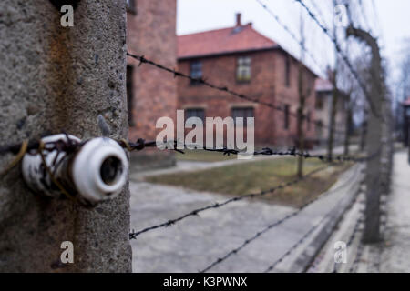 Auschwitz, Oswiecim, Birkenau, Brzezinka, Polen, Nord Ost Europa. Detail der elektrischen Zaun im ehemaligen NS-Konzentrationslager. Stockfoto