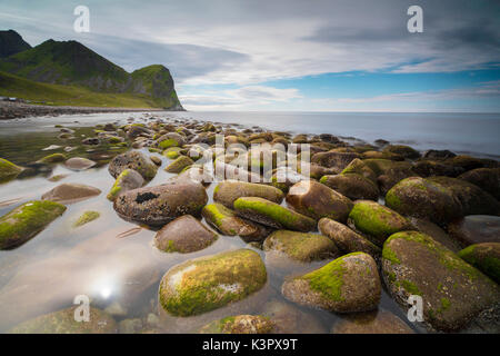 Felsen am Strand Rahmen die ruhige und klare Meer Unstad Vestvagøy Lofoten norwegen Europa Stockfoto