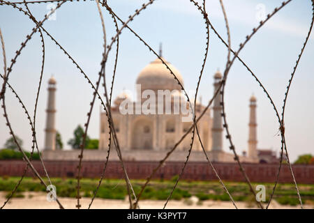 Das Taj Mahal ist ein weißer Marmor Mausoleum in Agra, Indien. Es gilt allgemein als Premier Beispiel der Mughal Architektur, die kombiniert Elemente der Indischen, persischen und islamischen Stile, und ist eine von Indiens Hauptattraktionen. Es wird allgemein als das Juwel von Indien bezeichnet. Es ist auch wohl der weltweit größte Denkmal der Liebe Agra, Indien Stockfoto