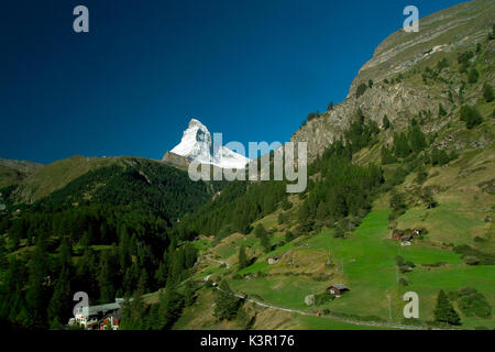 Die wunderschöne Pyramide auf die schneebedeckten Gipfel des Matterhorns kontrastieren mit dem grünen Tal von Zermatt im Kanton Wallis in der Schweiz Europa Stockfoto