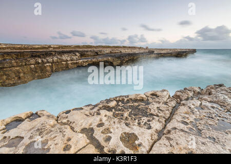 Wellen, die auf die natürlichen Bögen durch das Meer bei Devil's Bridge Karibik Antigua und Barbuda Leeward Islands West Indies geschnitzt Stockfoto