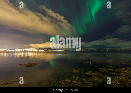 Aurora borealis auf der eisigen Landschaft in Tromsø Lyngen Alpen Lappland Norwegen Europa Stockfoto