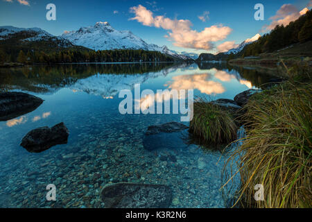 Dämmerung leuchtet die Gipfel im ruhigen Wasser des See Sils Engadin Kanton Graubünden Schweiz Europa wider Stockfoto