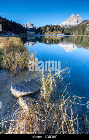 Die drei Zinnen von Lavaredo spiegeln sich im See Misurina Auronzo Cadore Veneto Italien Europa Stockfoto