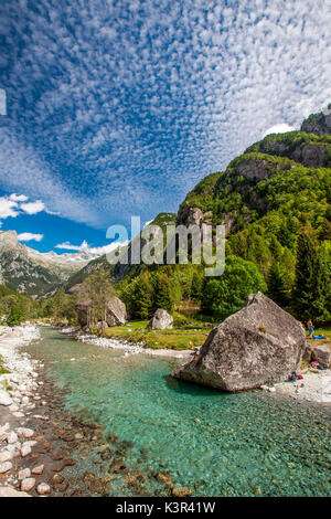 Ein Bach im Val di Mello in einem Sommertag fließt. Valmasino, Valtellina Lombardei, Italien Europa Stockfoto