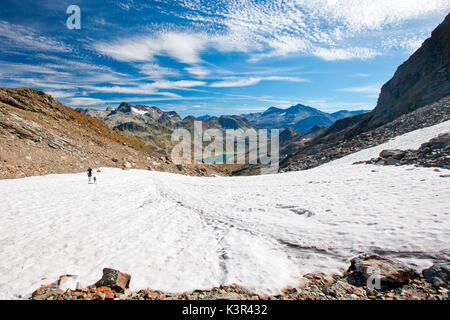 Wanderer mit Hund gehen auf einem Schneefeld in Val Loga, Valchiavenna, Valtellina Lombardei Italien Europa Stockfoto