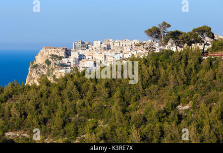 Meer Sommer gehockt Peschici schönen Blick auf die Stadt, Halbinsel Gargano in Apulien, Italien Stockfoto