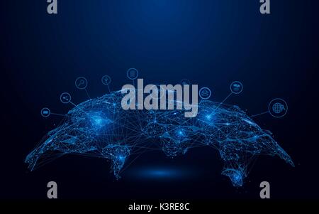 Low polygon Globus Karte mit soziale Symbole Drahtgitter Gitter auf blauem Hintergrund Stock Vektor