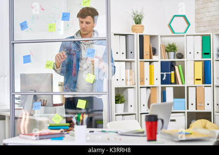 Portrait des jungen Mannes in Freizeitkleidung Planung Startprojekt Zeichnung Grafik auf der Glaswand gekleidet Stockfoto