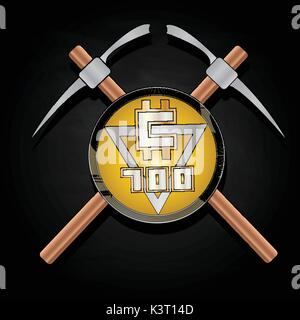 Bitcoin Bergbau Abbildung mit Spitzhacke und Münze Stock Vektor