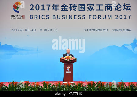 Xiamen, China Fujian Provinz. 3. Sep 2017. Der brasilianische Präsident Michel Temer liefert eine Rede an der BRICS-Business Forum in Xiamen, im Südosten der chinesischen Provinz Fujian, Sept. 3, 2017. Credit: Li Xin/Xinhua/Alamy leben Nachrichten Stockfoto