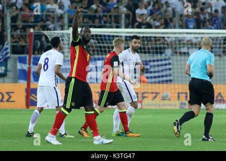 Athen, Griechenland. 03 Sep, 2017. Belgiens Romelu Lukaku feiert nach dem Scoring das Ziel seiner Mannschaft. Griechenland übernimmt Belgien bei der Gruppe H FIFA WM 2018 Qualifikation bei Georgios Karaiskakis Stadion in Athen. Endstand Griechenland 1 Belgien 2. Credit: SOPA Images Limited/Alamy leben Nachrichten Stockfoto