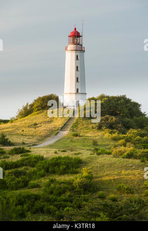 Leuchtturm Dornbusch auf der Insel Hiddensee vor Sonnenuntergang, Mecklenburg-Vorpommern, Deutschland Stockfoto