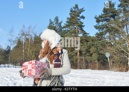 Junge Frau mit Geschenk und Walking im Winter Stockfoto