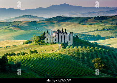 Toskana, Italien. Eine schöne und einsame Bauernhaus, das von grünen Hügeln umgeben von Val d'Orcia Stockfoto