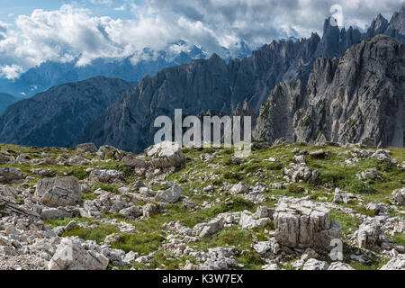 Panoramablick auf Cadini di Misurina. Venetien, Dolomiten, Italien, Europa. Stockfoto
