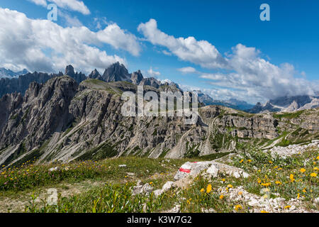 Panoramablick auf Cadini di Misurina. Venetien, Dolomiten, Italien, Europa. Stockfoto