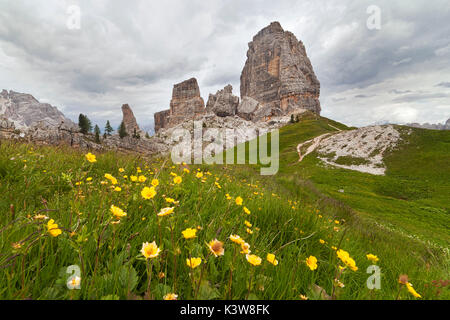 Cinque Torri, Ampezzaner Dolomiten, Cortina d'Ampezzo, Belluno, Venetien, Italien. Stockfoto