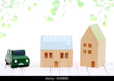 Miniatur Modell des Hauses auf Blueprints, Bau plan Stockfoto
