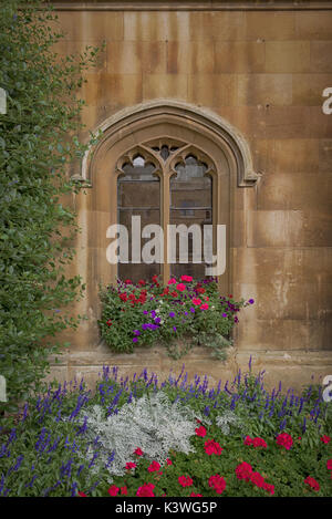 Alte klassische Glasfenster am Queens College in Cambridge Stockfoto