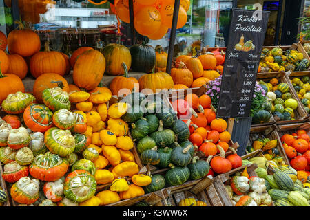 Farbenfrohe Kürbisse, pumkins und Squash außerhalb shjop in Oetz, Tirol, Österreich Stockfoto