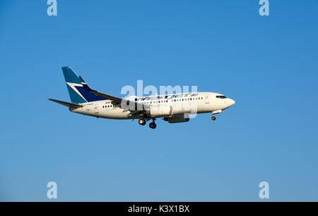 MONTREAL, KANADA - 28. AUGUST 2017: WestJet C-FWSO Boeing 737 landen. WestJet Airlines Ltd. ist eine kanadische Fluggesellschaft, die 1996 gegründet wurde. Stockfoto