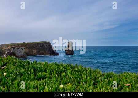 Peniche, Portugal - April 1, 2017: Landschaft bei Papoa Punkt in Peniche Portugal mit Pflanzen Mesembryanthemum im Vordergrund. Stockfoto