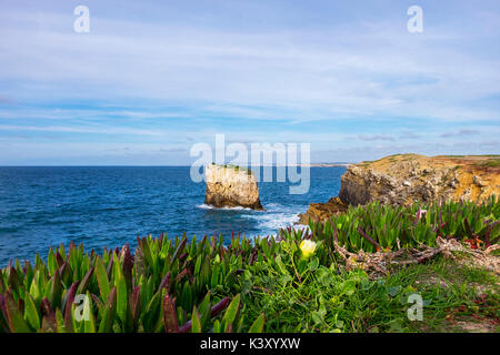 Peniche, Portugal - April 1, 2017: Landschaft bei Papoa Punkt in Peniche Portugal mit Pflanzen Mesembryanthemum im Vordergrund. Stockfoto